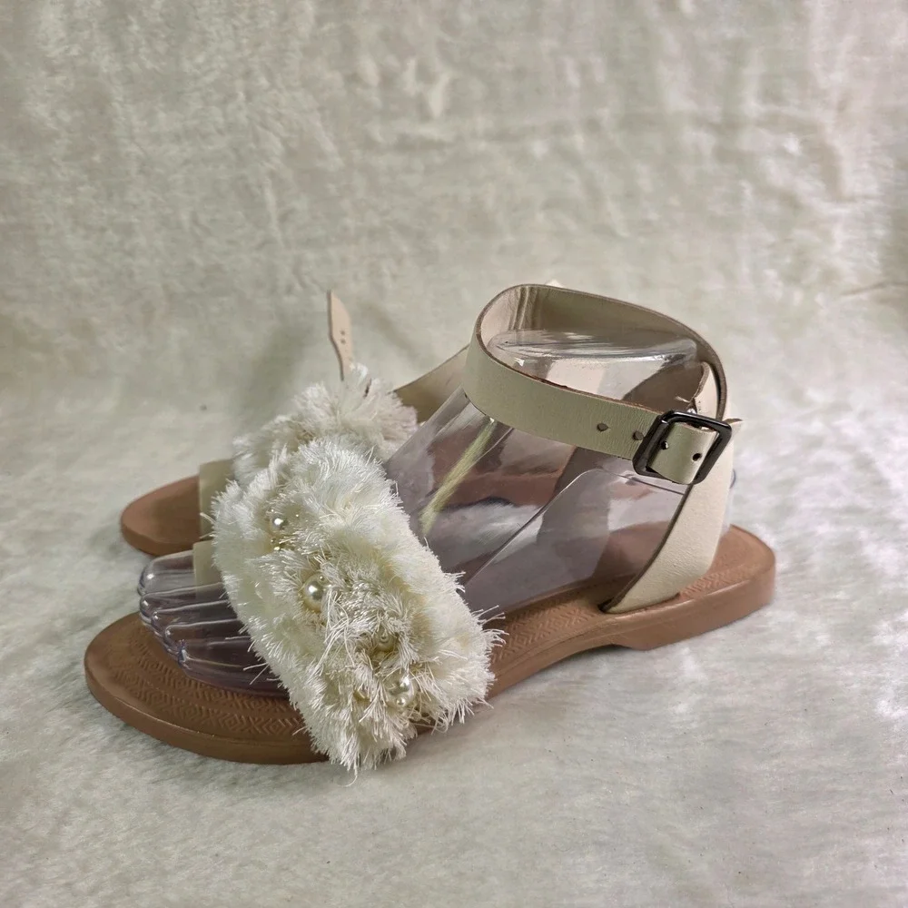 Free People Sun Peaks Pearl Fringed Toe Loop Sandals Leather Cream Women 38 7